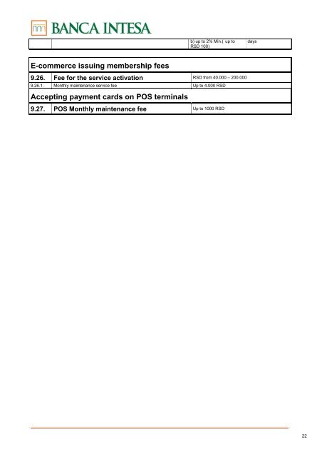 tariff of fees for services of banca intesa ad beograd (revised text)