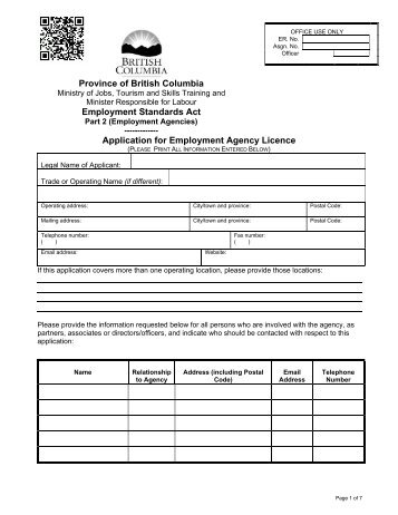 application form for an employment agency licence - Jobs, Tourism ...