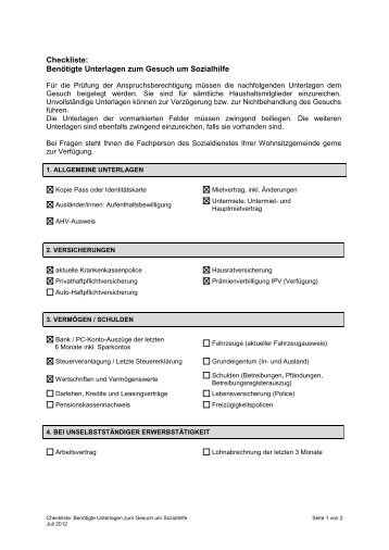 FÃ¼rsorgegesuch, Checkliste