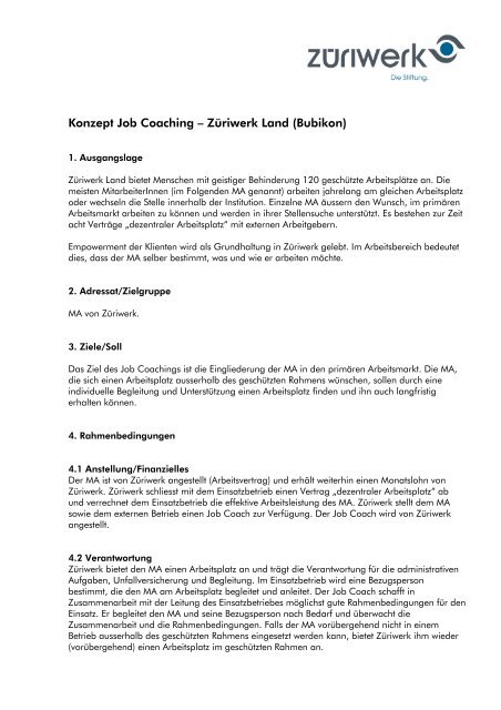 Konzept Job Coaching â€“ ZÃ¼riwerk Land (Bubikon)