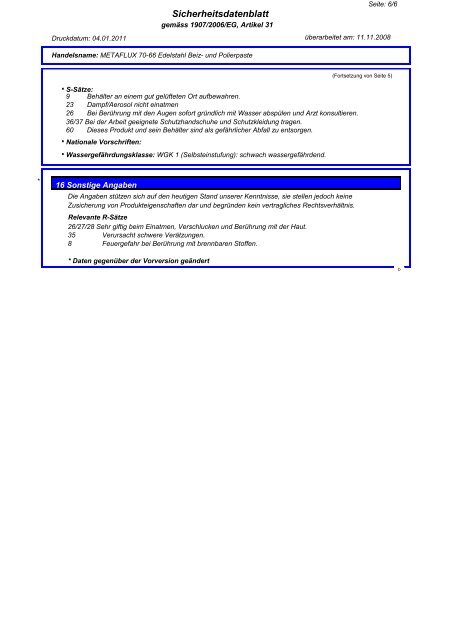 Metaflux 70-66 Sicherheitsdatenblatt