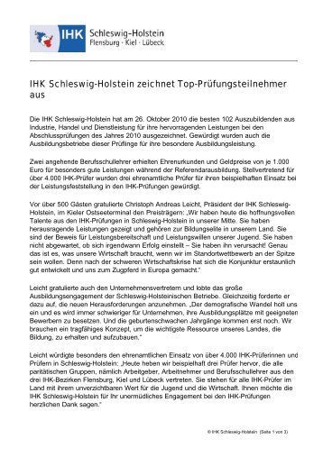 IHK Schleswig-Holstein zeichnet Top-PrÃ¼fungsteilnehmer aus