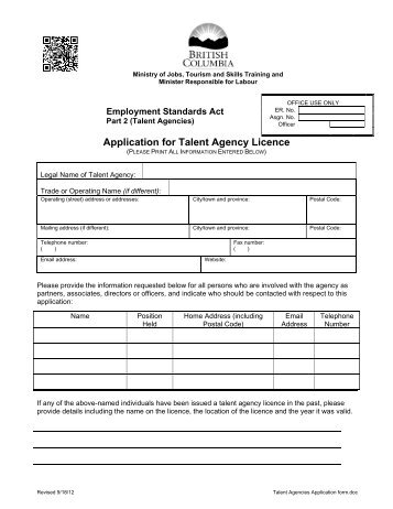 Talent agency licence application form - Jobs, Tourism and Skills ...