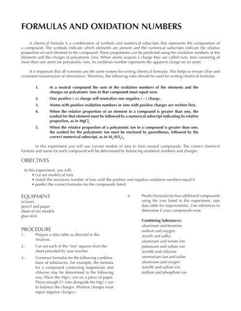 Formulas And Oxidation Numbers Lab Wilsonsd 