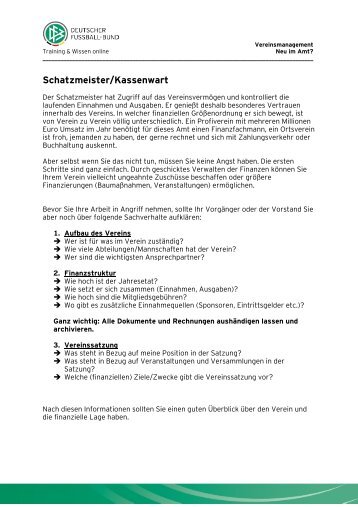 Schatzmeister/Kassenwart FÃ¼hrung der Vereinsfinanzen