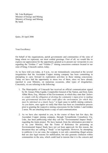 Letter to Mr. Rodriguez, Minister of Energy & Mines, Ecuador