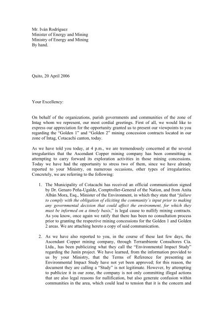 Letter to Mr. Rodriguez, Minister of Energy & Mines, Ecuador