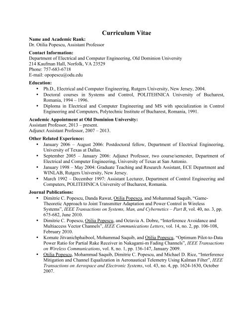 Dr. Popescu's CV. (PDF) - College of Engineering and Technology