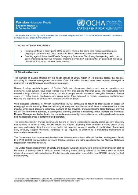 Pakistan Floods OCHA sitrep 27 (24 Sept 2010). - UN-HABITAT ...