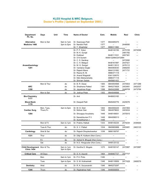 KLES Hospital & MRC Belgaum. Doctor's Profile ... - KLE Hospital