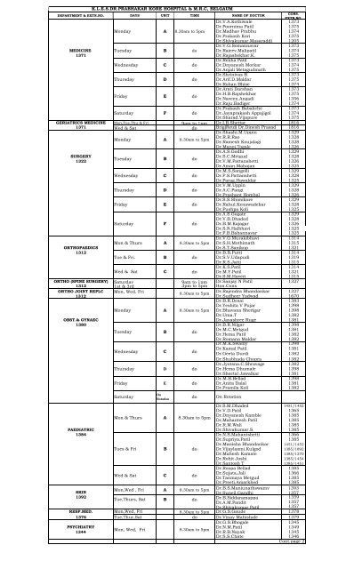 Doctor's Time Table - KLE Hospital