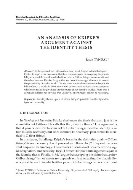 AN ANALYSIS OF KRIpKE'S ARguMENT AgAINST THE IDENTITY ...