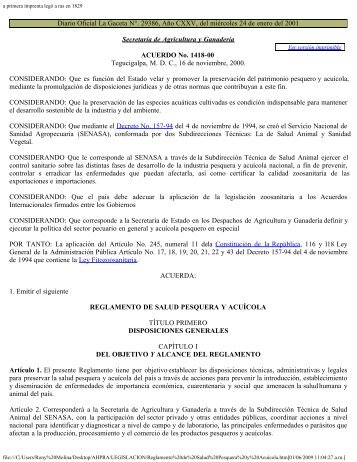 Reglamento de Salud Pesquera y AcuÃ­cola. - AHPRA