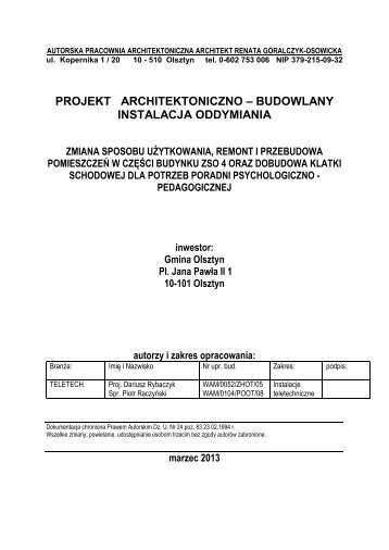 projekt architektoniczno – budowlany instalacja oddymiania - Olsztyn