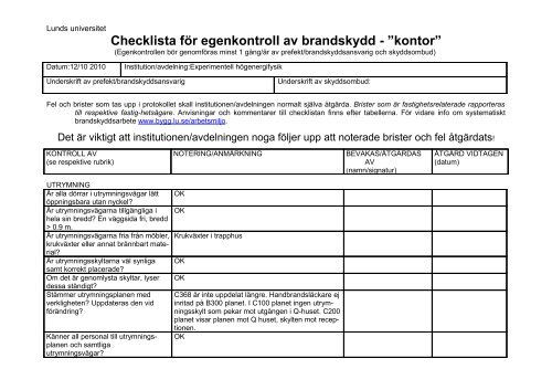 Egenkontroll av brandskydd pÃ¥ avdelning vid KC - Lunds universitet