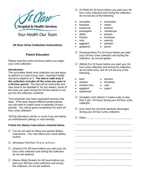 24 hour Urine Collection Instructions - St. Clare Hospital