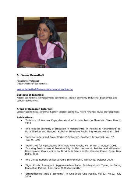 Dr. Veena Devasthali Associate Professor Department of Economics ...