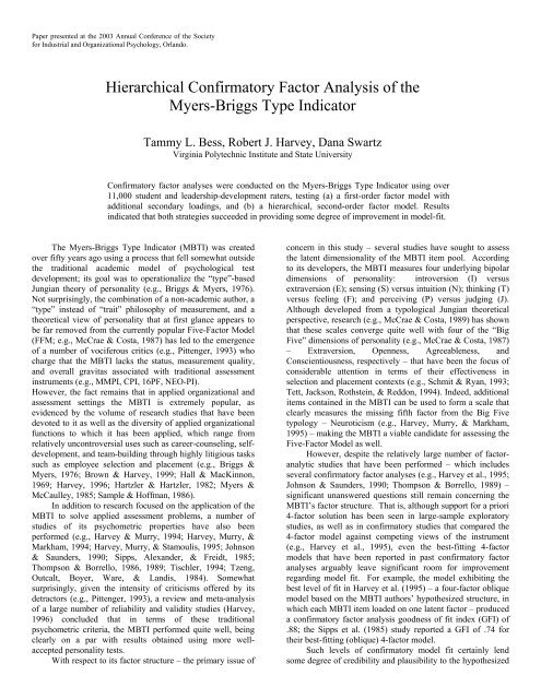 Hierarchical Confirmatory Factor Analysis of the Myers-Briggs Type ...