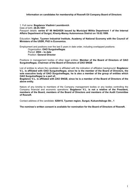 Information on Nominees to the Board of Directors of OJSC Rosneft ...