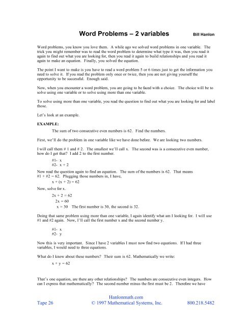 Word Problems Â€“ 2 Variables - Hanlon Math