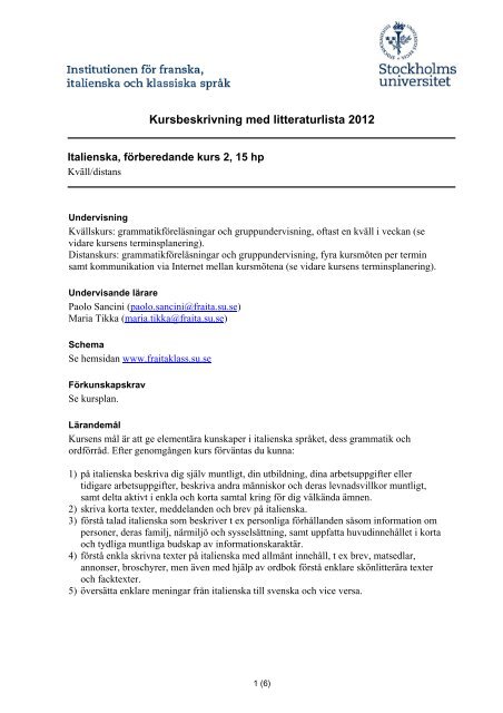 Kursbeskrivning med litteraturlista 2012 - Institutionen fÃ¶r franska ...