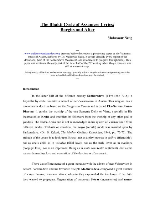 The Bhakti Cycle Of Assamese Lyrics Bargits And After Sankaradeva The Bhakti Cycle Of Assamese Lyrics Bargits And After Sankaradeva