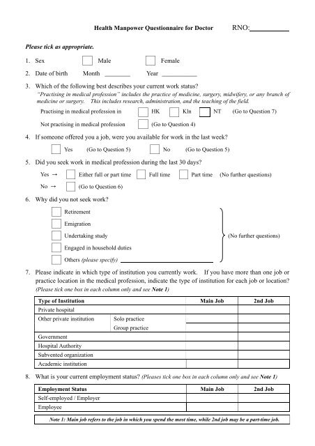 Health Manpower Questionnaire for Doctor Please tick as ...