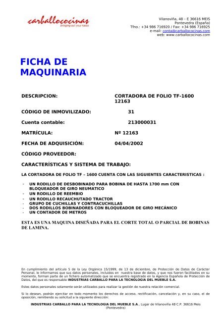FICHA DE MAQUINARIA - Liquidacion de empresas