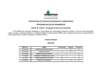 Resultado da seleÃ§Ã£o ao Programa Bolsas de ... - Unipampa