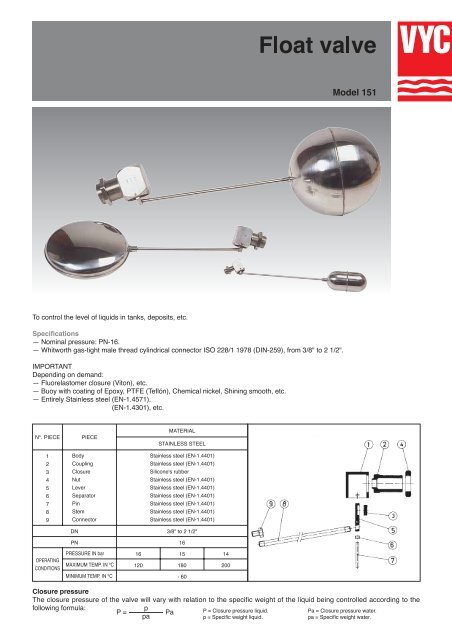 VYC Model 151 Stainless Steel Float Valve - Alma-valves.ie