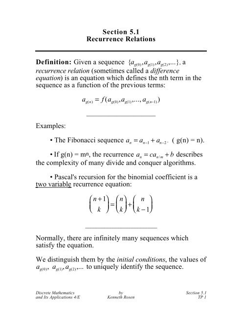 Section 5.1 Recurrence Relations Definition: Given a sequence {ag ...