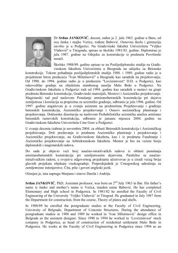 Dr SrÄan JANKOVIÄ, docent, roÄen je 2. jula 1963. godine u Baru ...