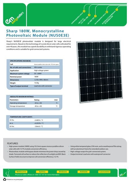 Sharp 180W, Monocrystalline Photovoltaic Module (NUS0E3E)