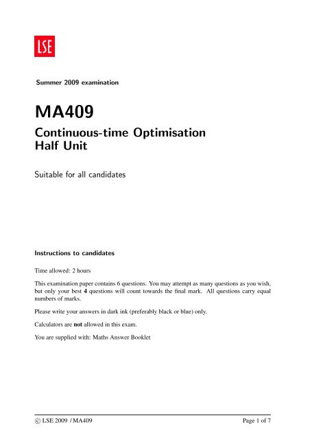 MA409 Continuous-Time Optimisation