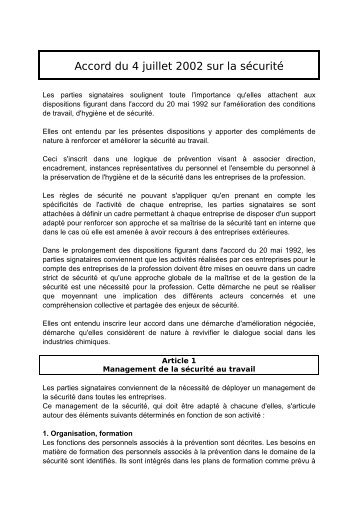 Accord du 4 juillet 2002 sur la sÃ©curitÃ© au travail - Vie publique