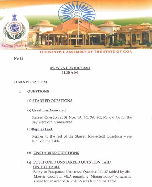 (1) STARRED QUESTIONS - Goavidhansabha.gov.in - Welcome to ...