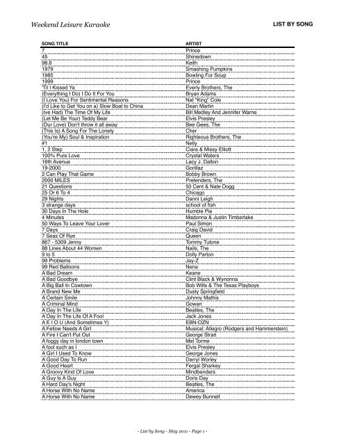 List by Song - Weekend Leisure Karaoke