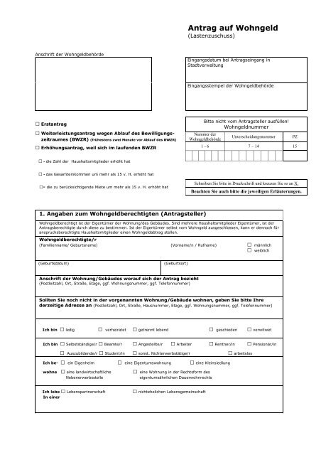 Antrag auf Wohngeld Lastenzuschuss