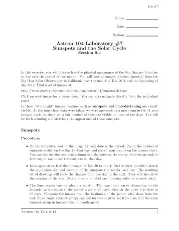 Astron 104 Laboratory #7 Sunspots and the Solar Cycle