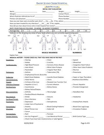 Pain Center Initial Visit Evaluation Form - Emory Johns Creek Hospital