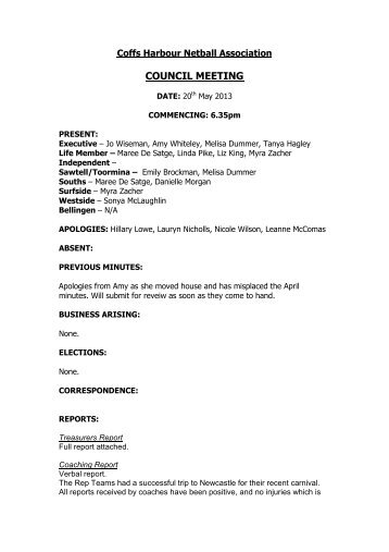 CHNA Council May Minutes 2013 - Coffs Harbour Netball Assn ...