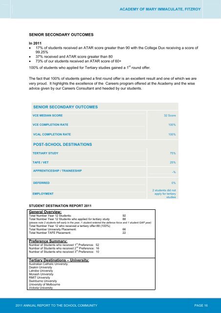 2011 Annual Report to the Community - Academy of Mary Immaculate