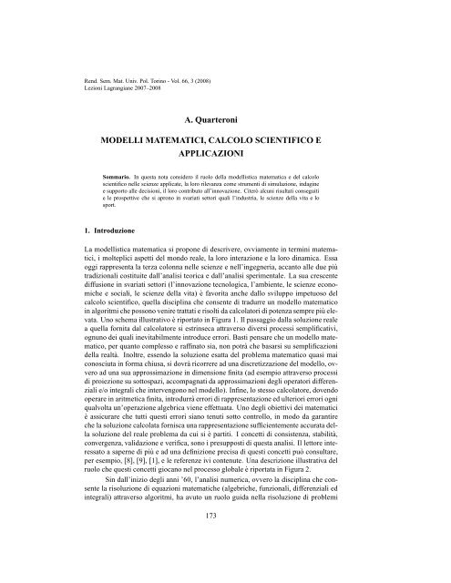 A. Quarteroni MODELLI MATEMATICI, CALCOLO SCIENTIFICO E ...