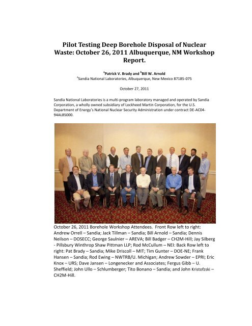 Deep Borehole Disposal of Nuclear Waste: Report from a Sandia ...