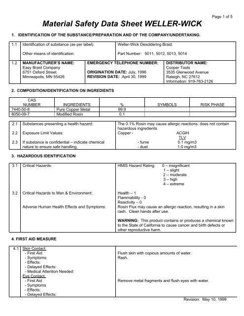Weller Wick MSDS English - Cooper Hand Tools