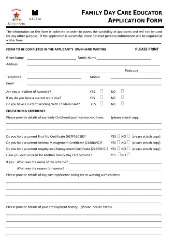 FAMILY DAY CARE EDUCATOR APPLICATION FORM