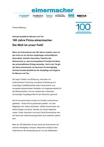 100 Jahre Firma eimermacher. Die Welt ist unser Feld!