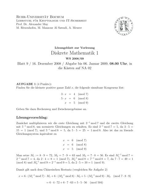 Diskrete Mathematik 1 - Lehrstuhl Kryptologie &amp; IT-Sicherheit - Ruhr ...