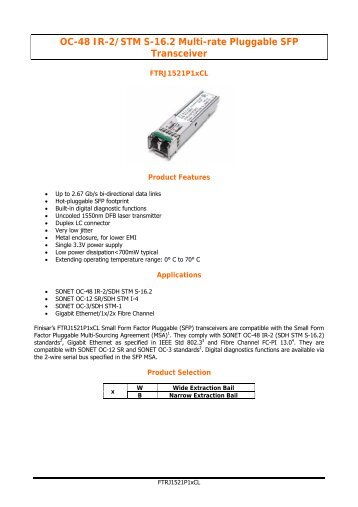 OC-48 IR-2/STM S-16.2 Multi-rate Pluggable SFP Transceiver