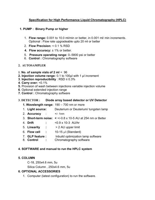 Specification for High Performance Liquid Chromatography (HPLC ...